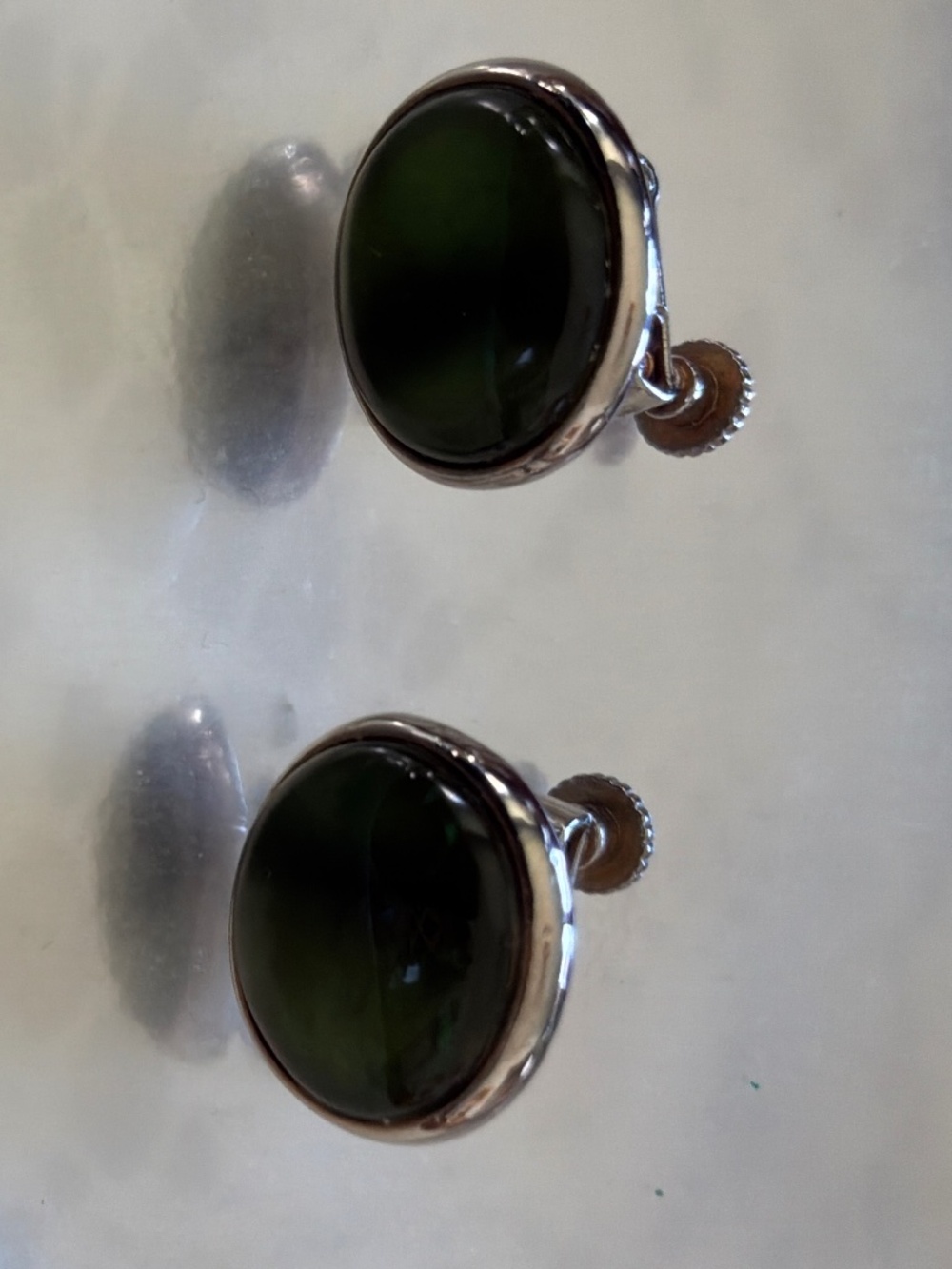 Vintage Silver Filigree nephrite jade Screw Back Earrings Mid Century